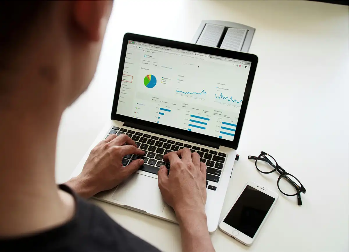 Accountant on laptop screen with charts